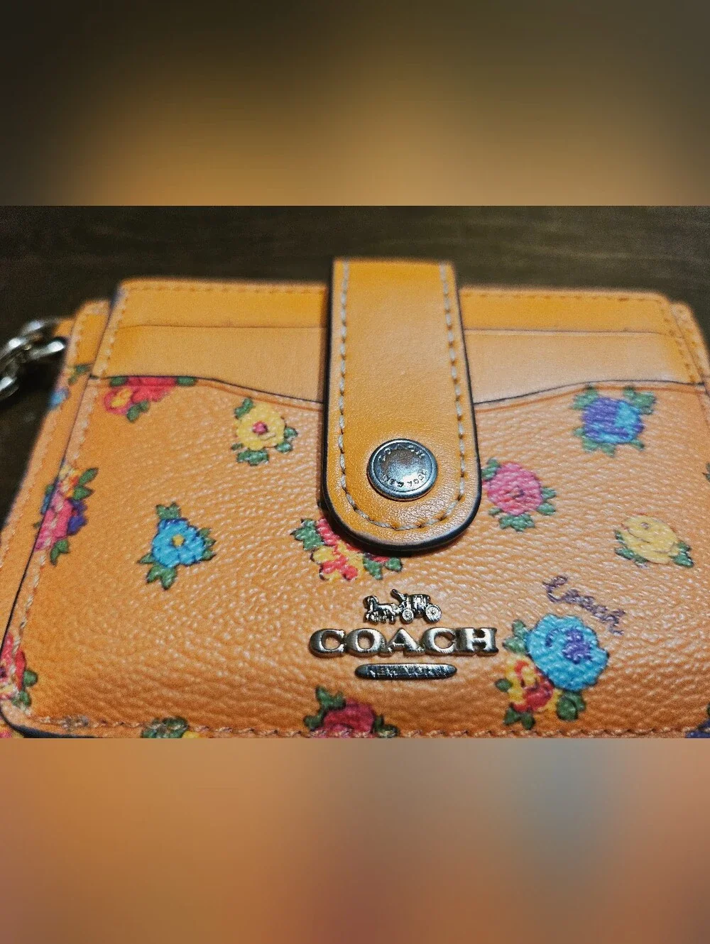 Coach Outlet Women's Orange Floral Card Case with Keyring